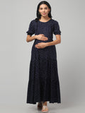 Navy Blue Pretty Polkas Maternity Feeding Dress For Women