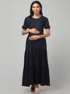 Navy Blue Pretty Polkas Maternity Feeding Dress For Women