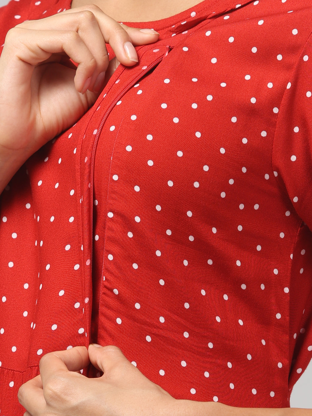 Red Pretty Polkas Maternity Feeding Dress For Women