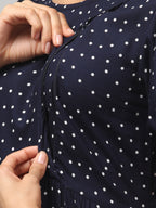 Navy Blue Pretty Polkas Maternity Feeding Dress For Women