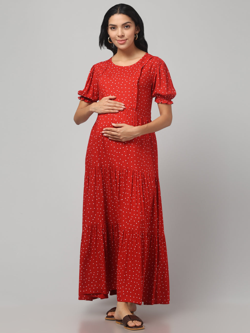 Red Pretty Polkas Maternity Feeding Dress For Women