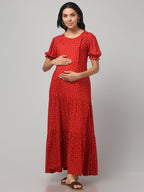Red Pretty Polkas Maternity Feeding Dress For Women
