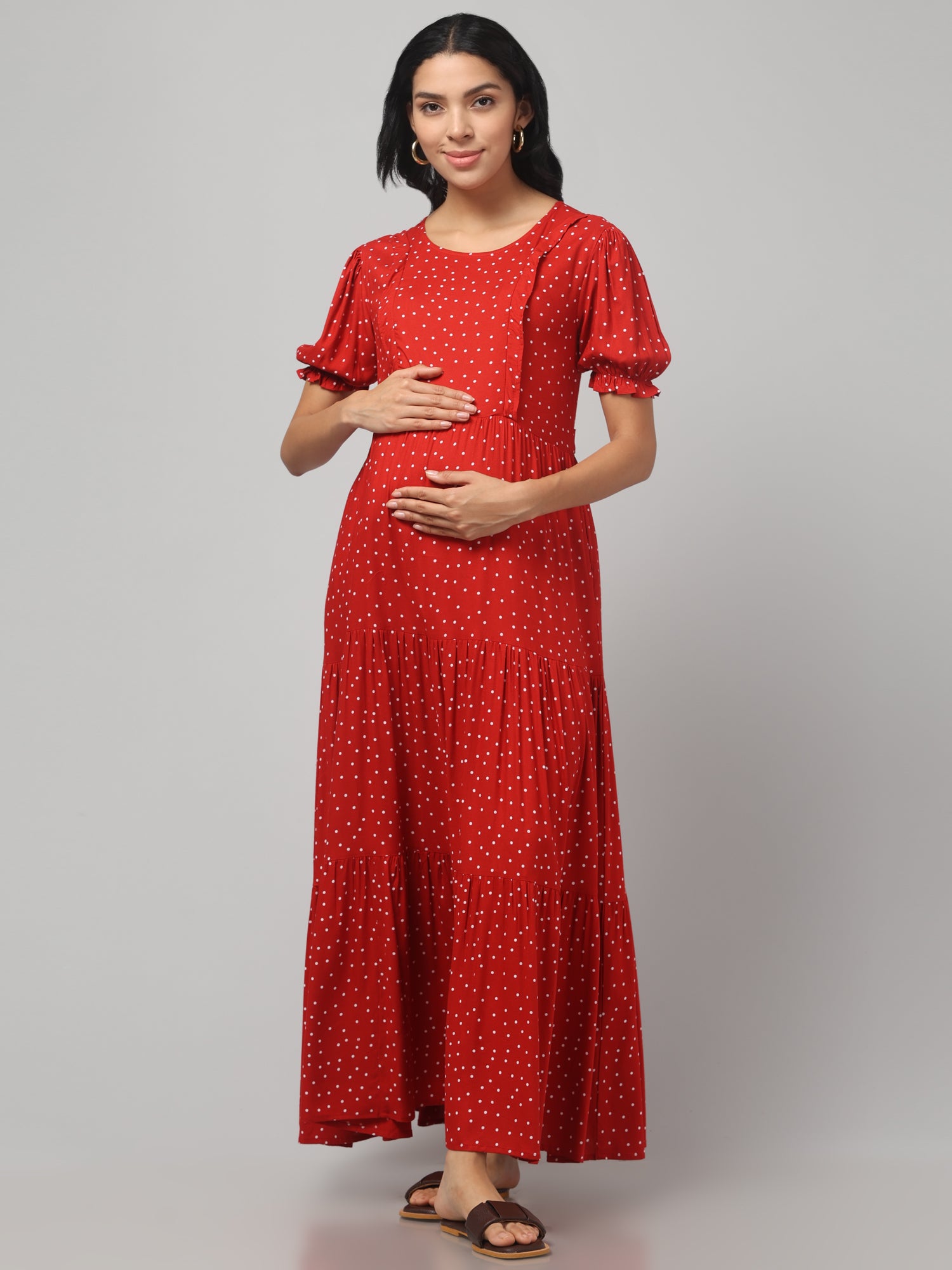 Red Pretty Polkas Maternity Feeding Dress For Women