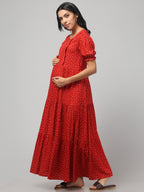 Red Pretty Polkas Maternity Feeding Dress For Women