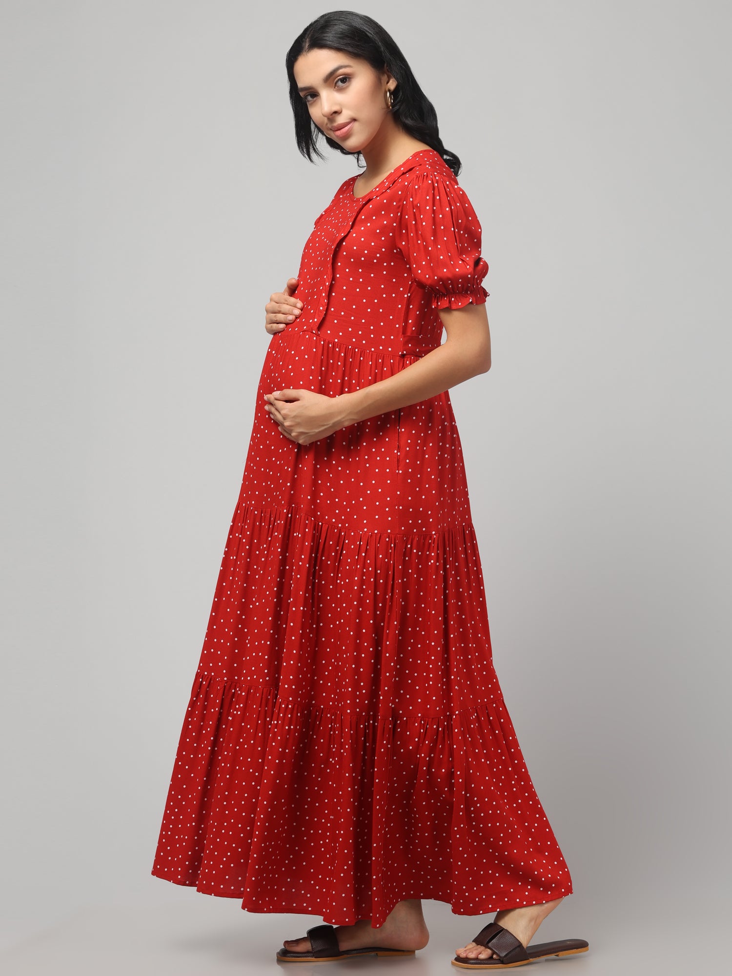 Red Pretty Polkas Maternity Feeding Dress For Women