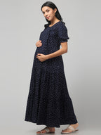 Navy Blue Pretty Polkas Maternity Feeding Dress For Women