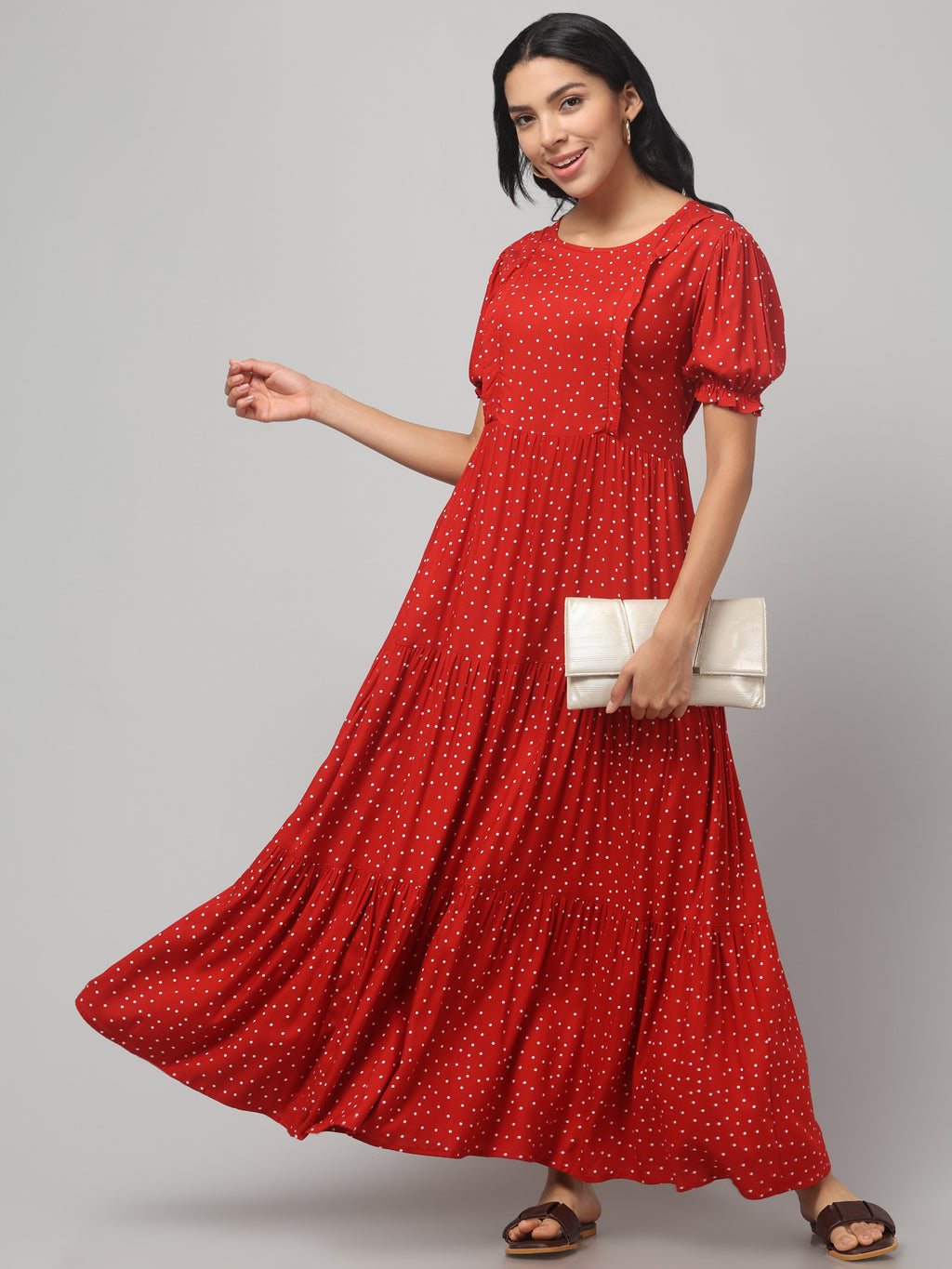 Red Pretty Polkas Maternity Feeding Dress For Women