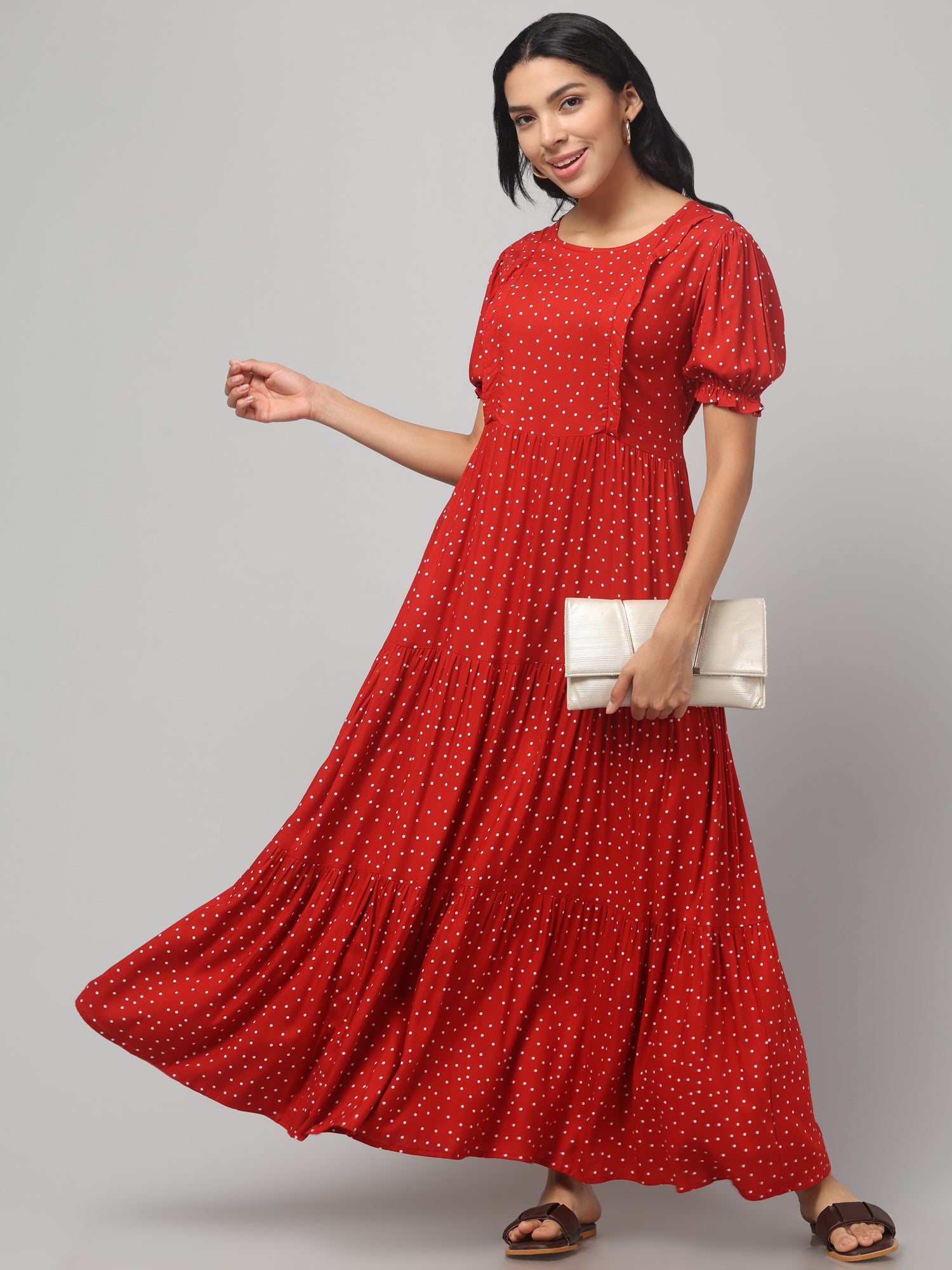 Red Pretty Polkas Maternity Feeding Dress For Women