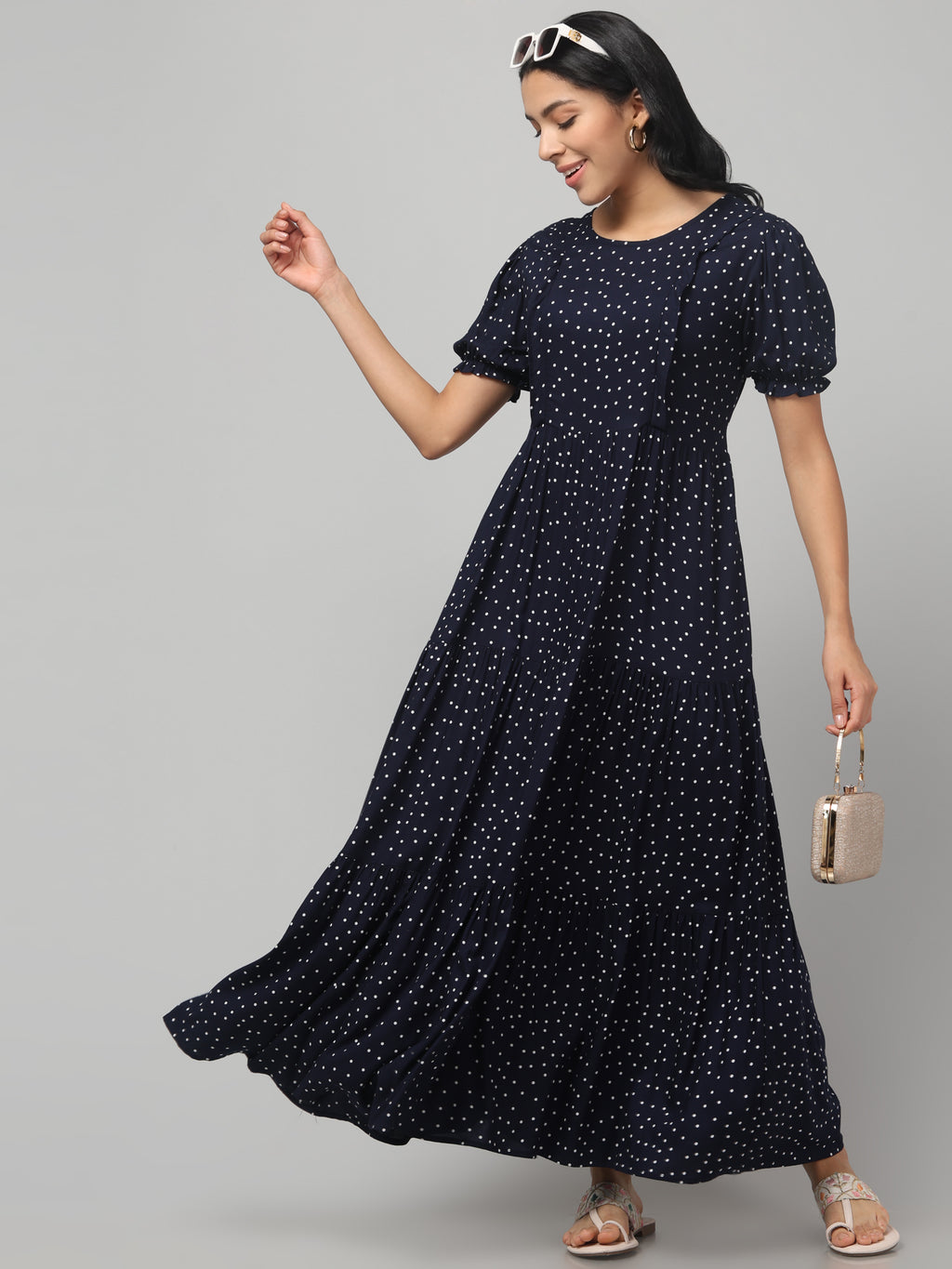 Navy Blue Pretty Polkas Maternity Feeding Dress For Women