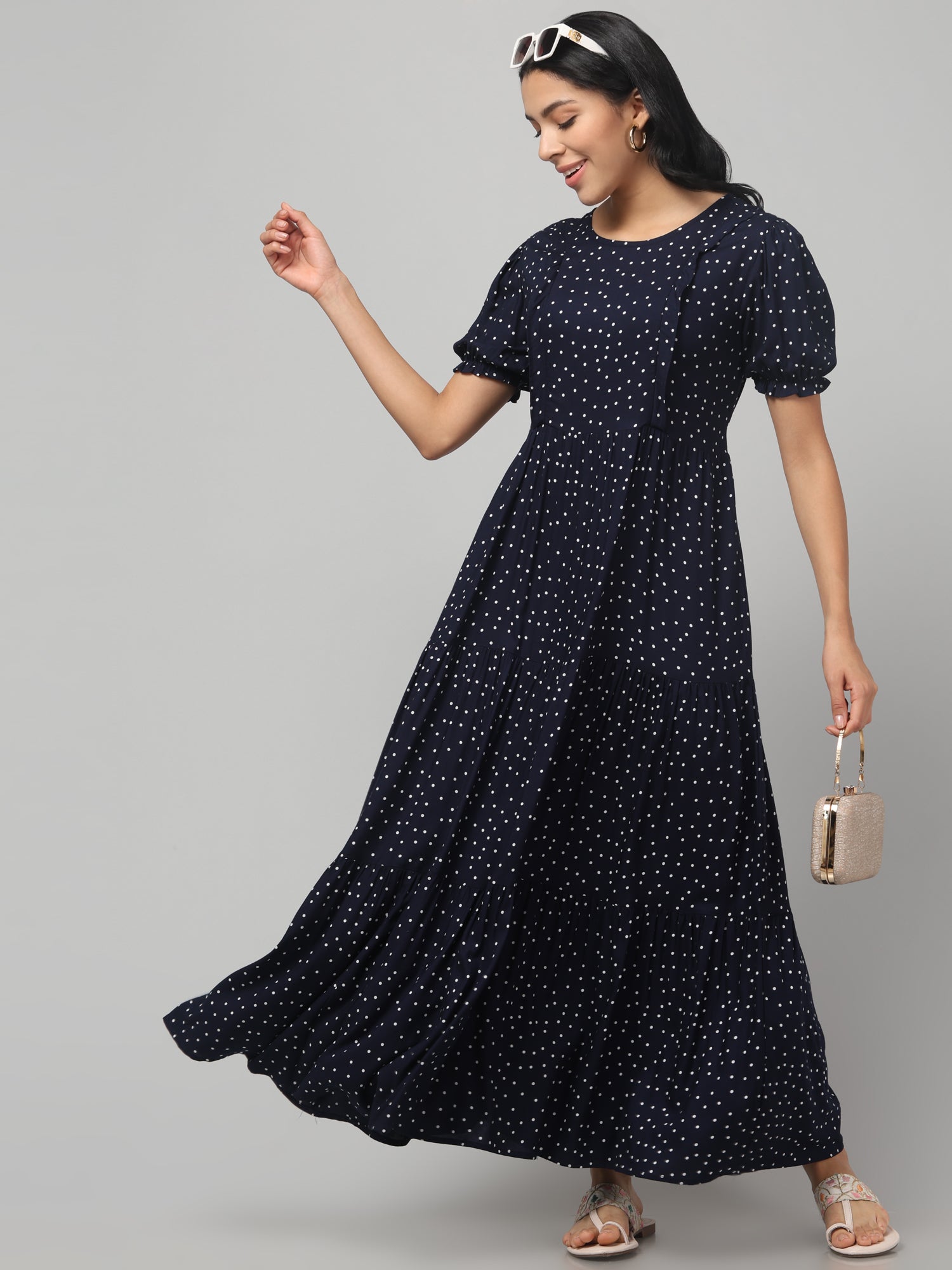 Navy Blue Pretty Polkas Maternity Feeding Dress For Women