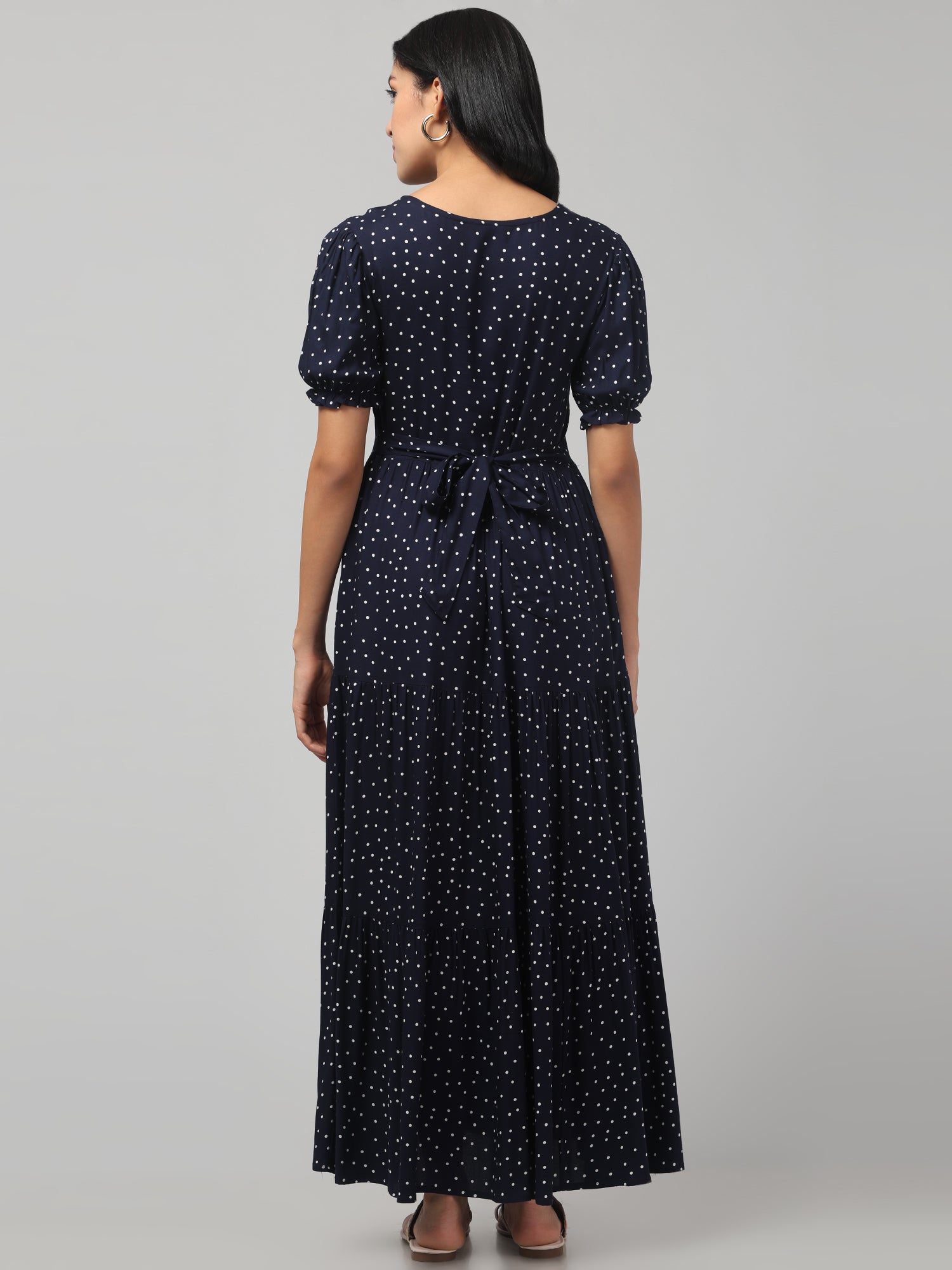 Navy Blue Pretty Polkas Maternity Feeding Dress For Women