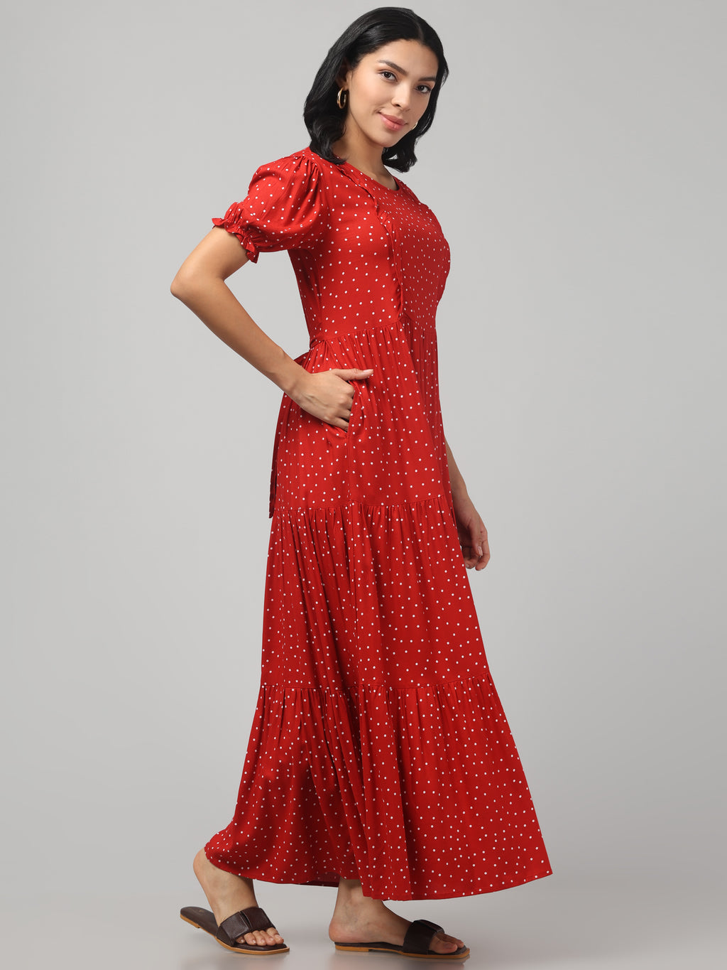 Red Pretty Polkas Maternity Feeding Dress For Women