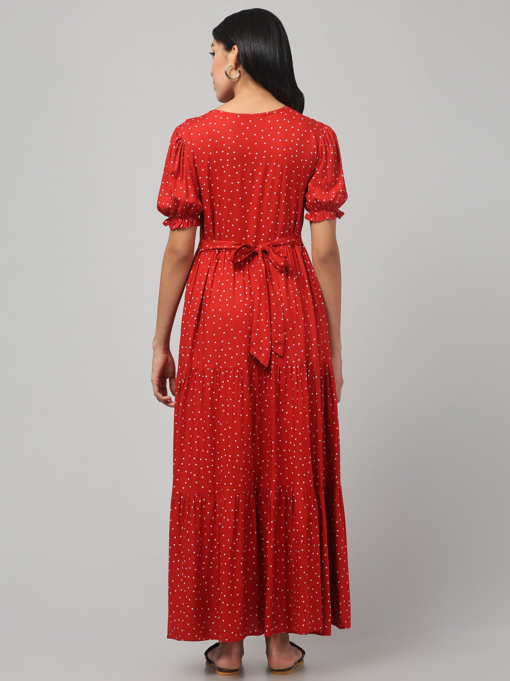 Red Pretty Polkas Maternity Feeding Dress For Women