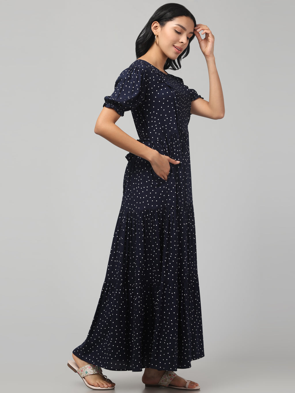 Navy Blue Pretty Polkas Maternity Feeding Dress For Women