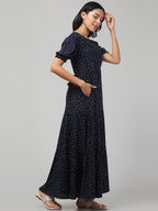 Navy Blue Pretty Polkas Maternity Feeding Dress For Women