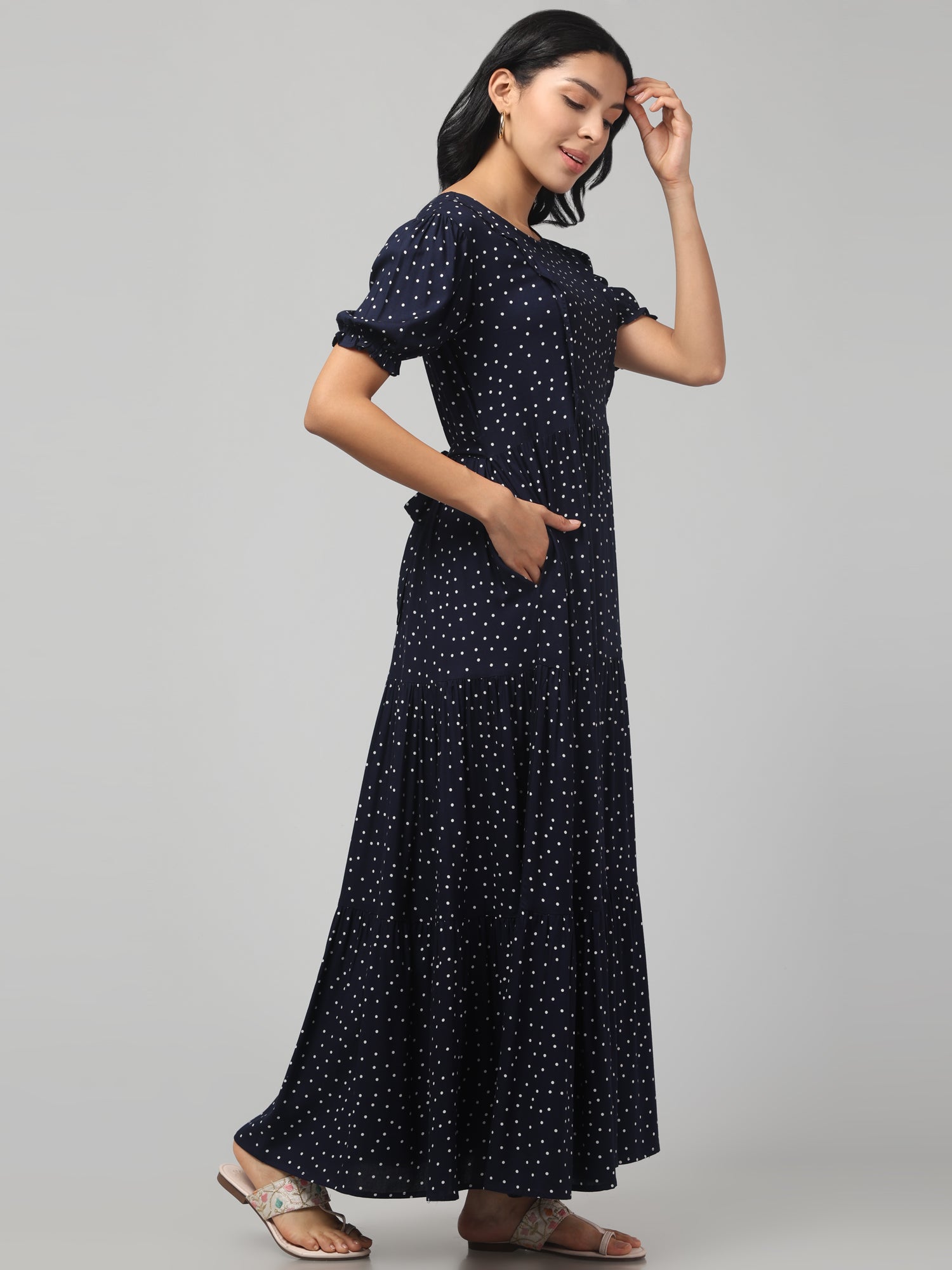 Navy Blue Pretty Polkas Maternity Feeding Dress For Women