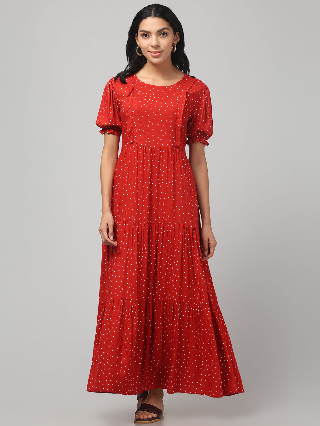 Red Pretty Polkas Maternity Feeding Dress For Women