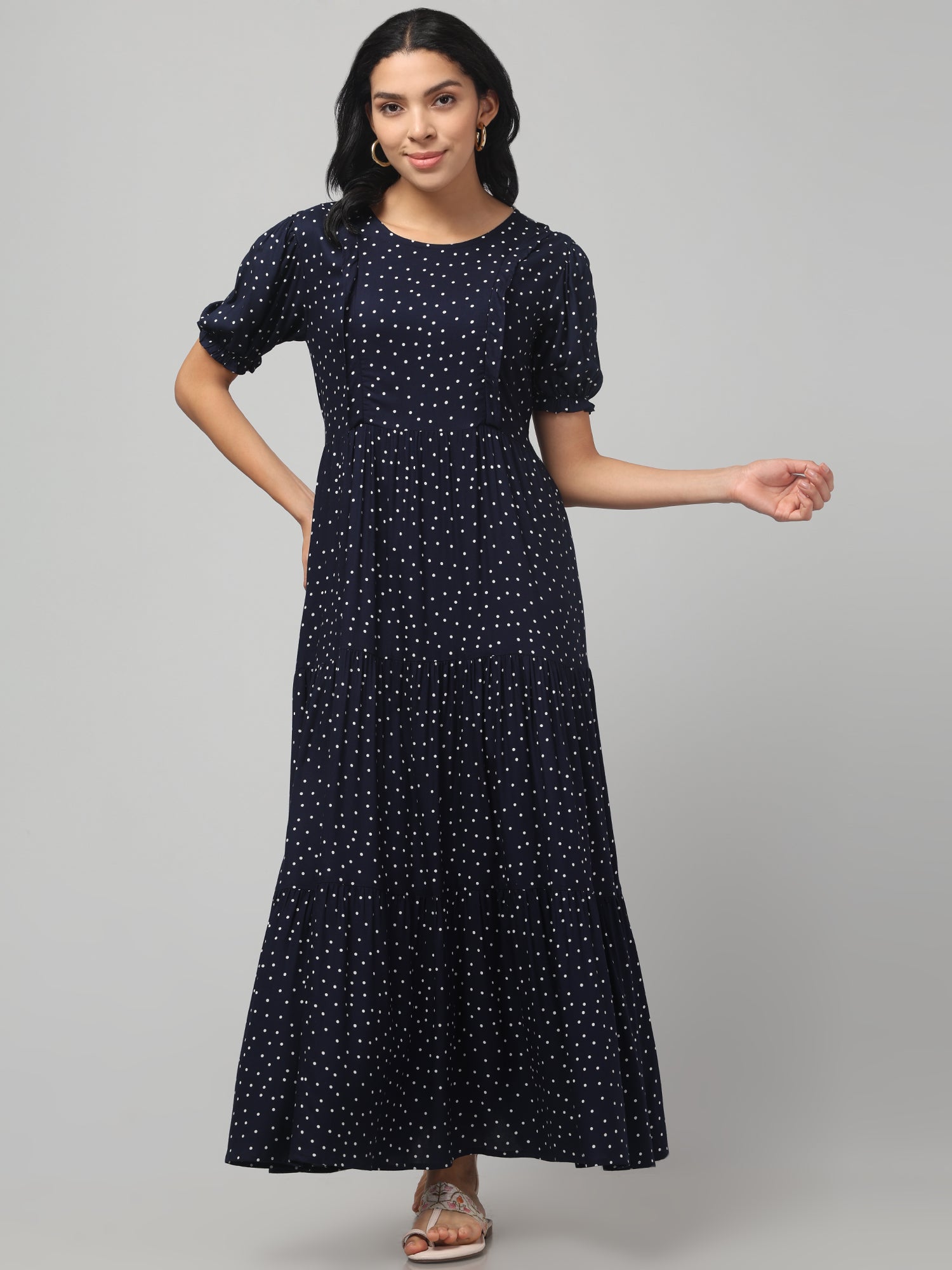 Navy Blue Pretty Polkas Maternity Feeding Dress For Women