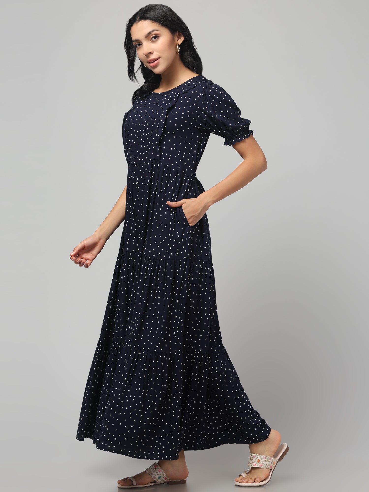 Navy Blue Pretty Polkas Maternity Feeding Dress For Women