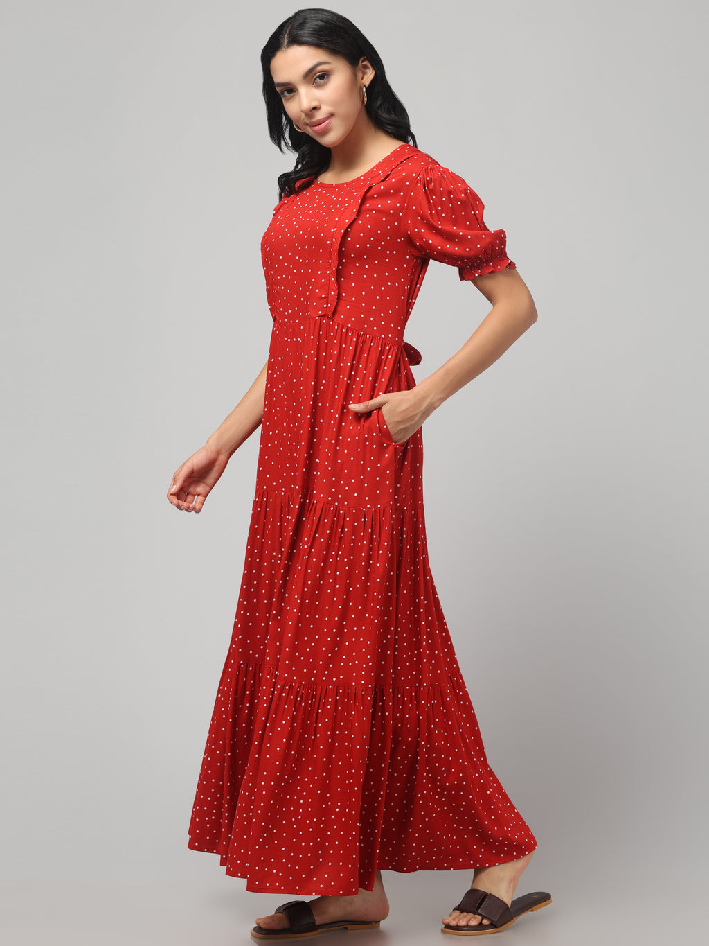 Red Pretty Polkas Maternity Feeding Dress For Women