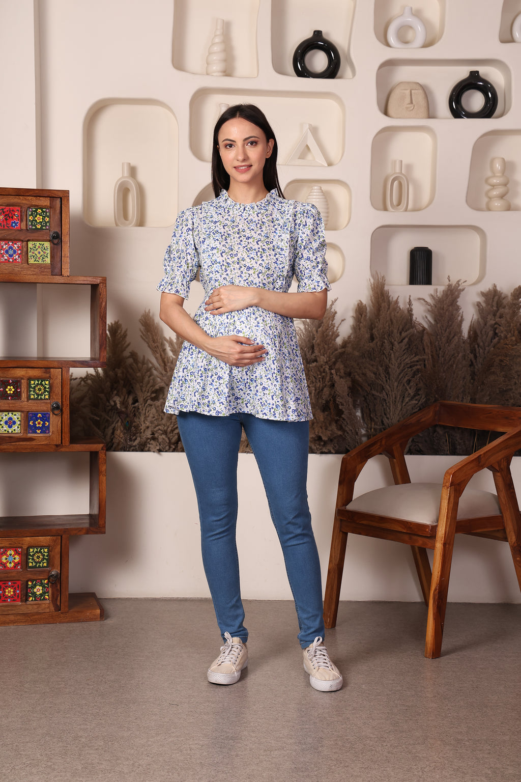 Blue Cotton Maternity Feeding Top For Women