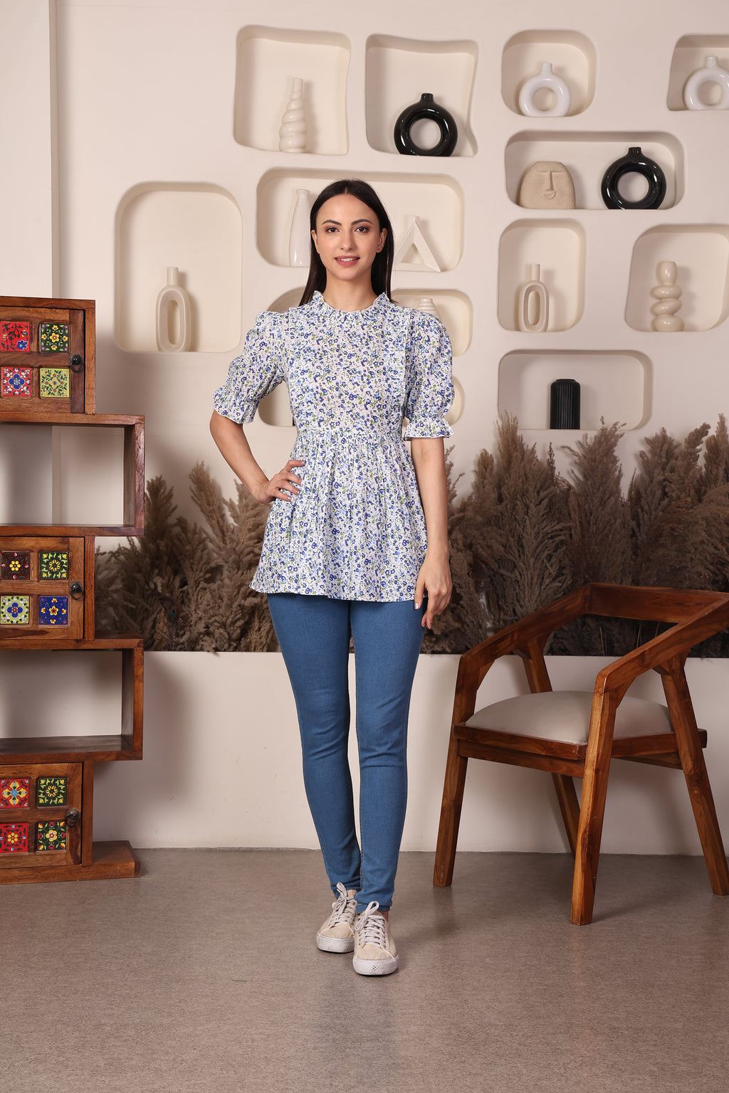 Blue Cotton Maternity Feeding Top For Women