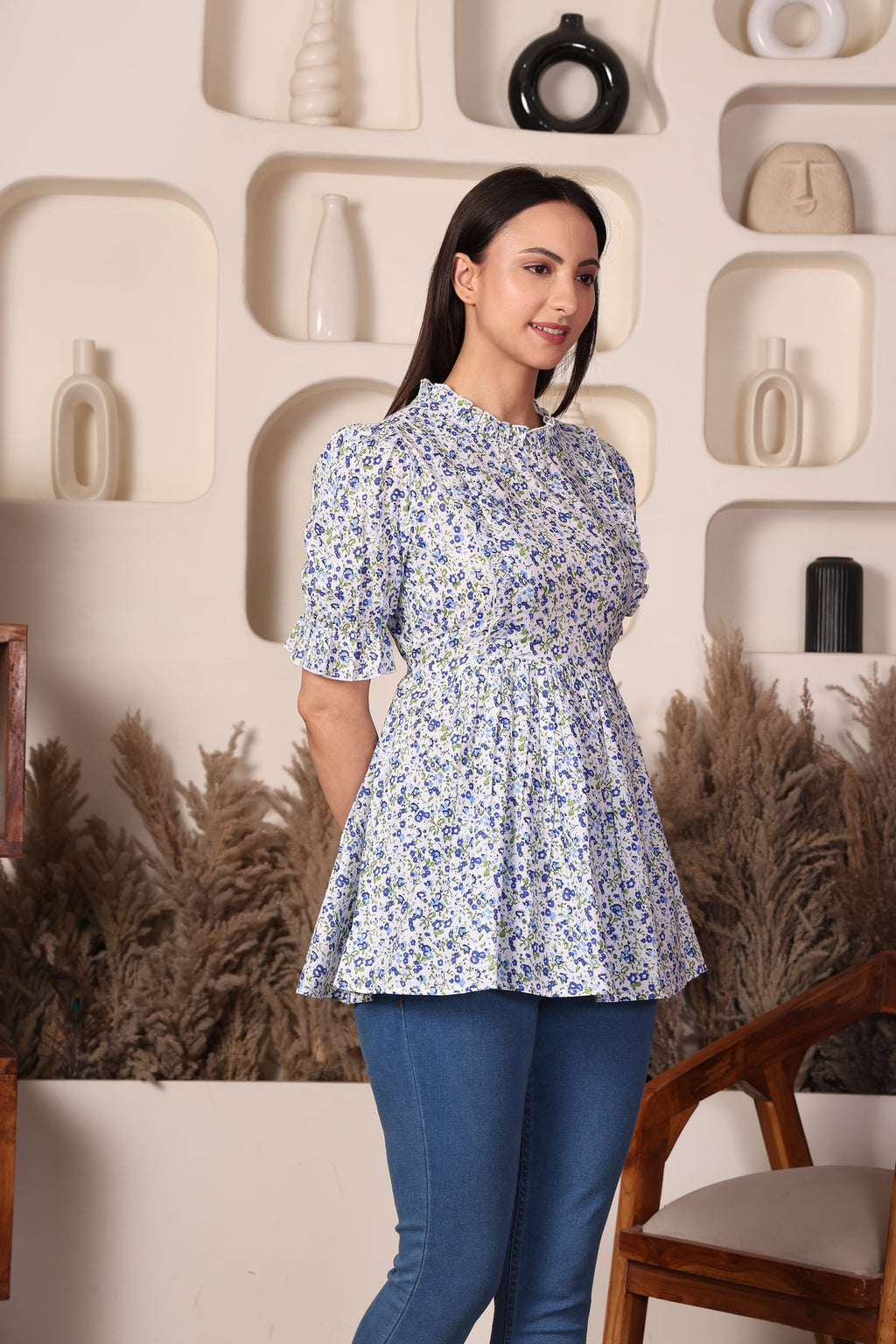 Blue Cotton Maternity Feeding Top For Women