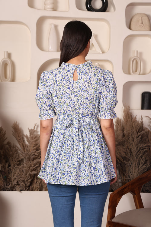 Blue Cotton Maternity Feeding Top For Women