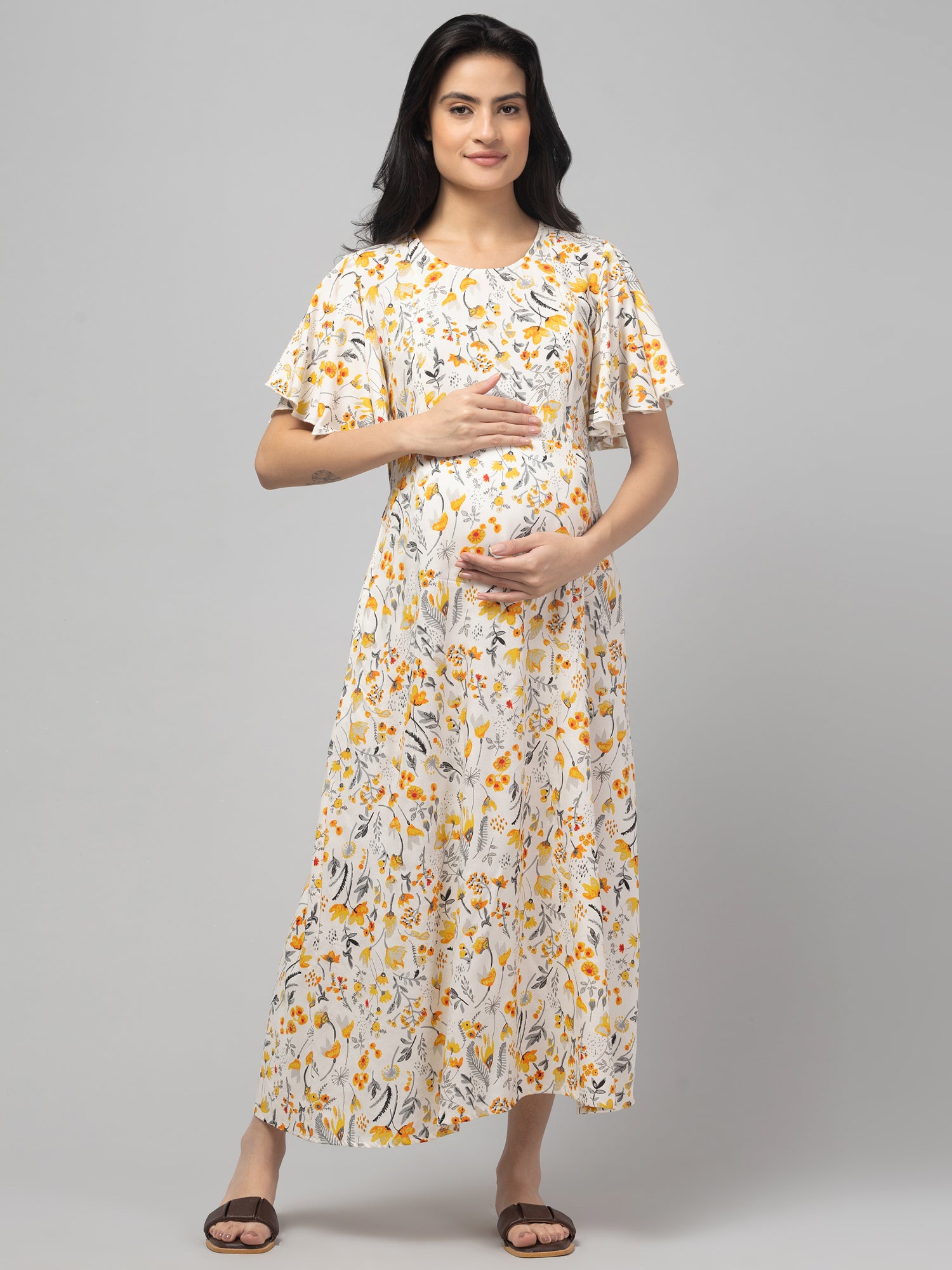 Cream Maternity Feeding Dress For Women
