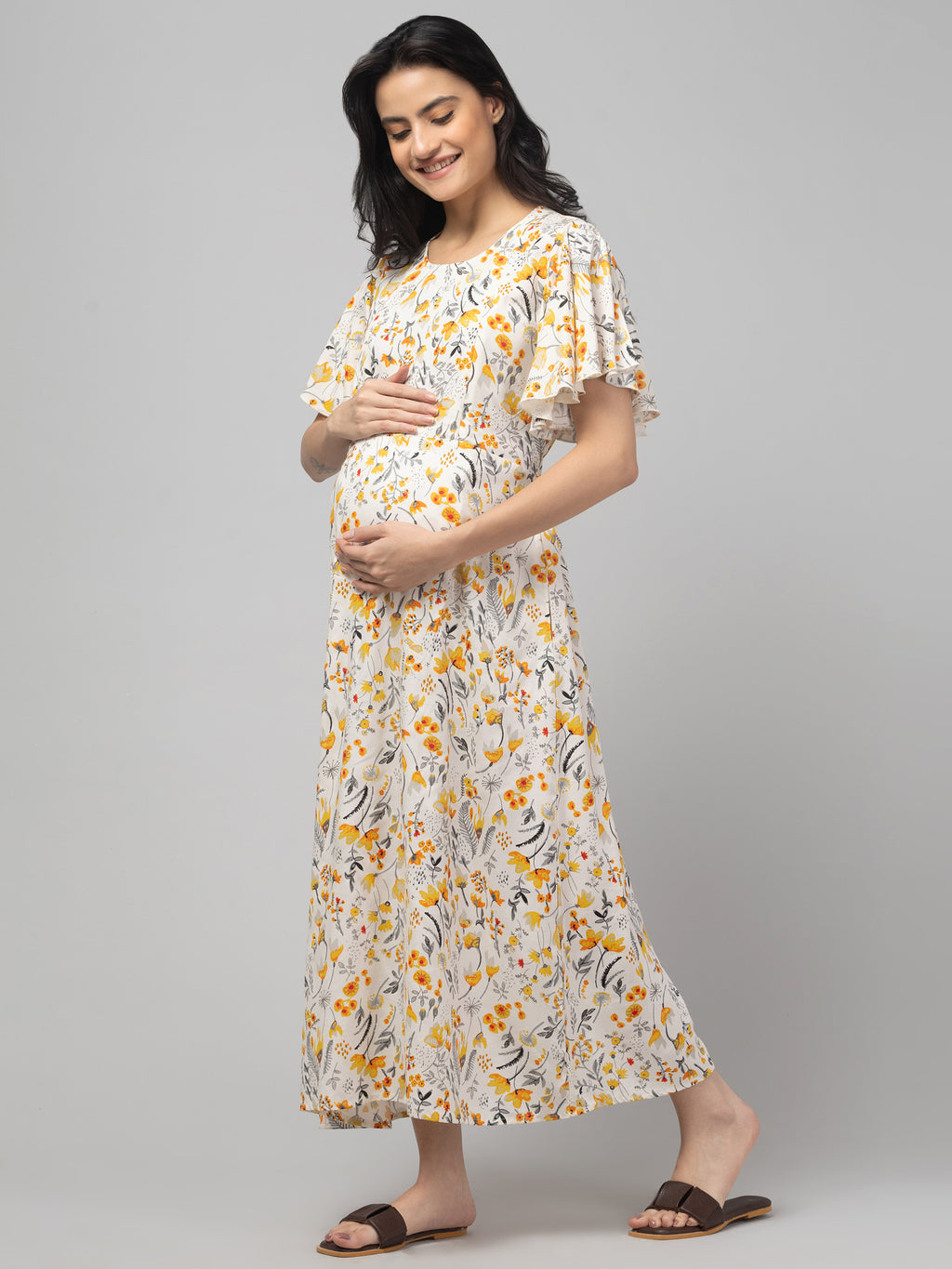 Cream Maternity Feeding Dress For Women