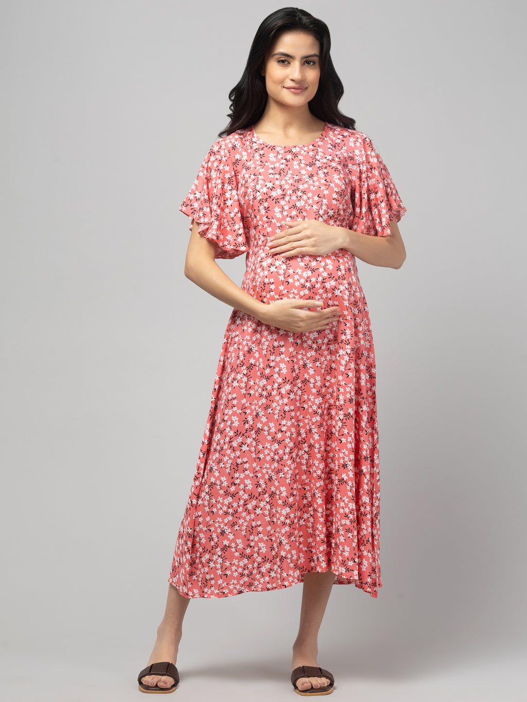 Peach Maternity Feeding Dress For Women