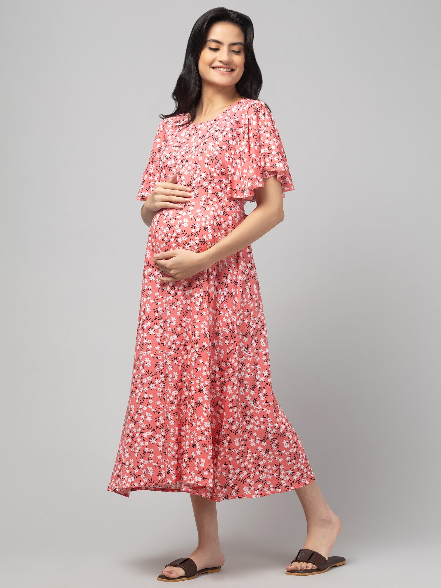 Peach Maternity Feeding Dress For Women
