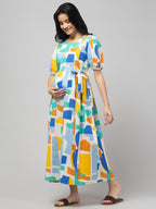 Blue Maternity Feeding Dress For Women