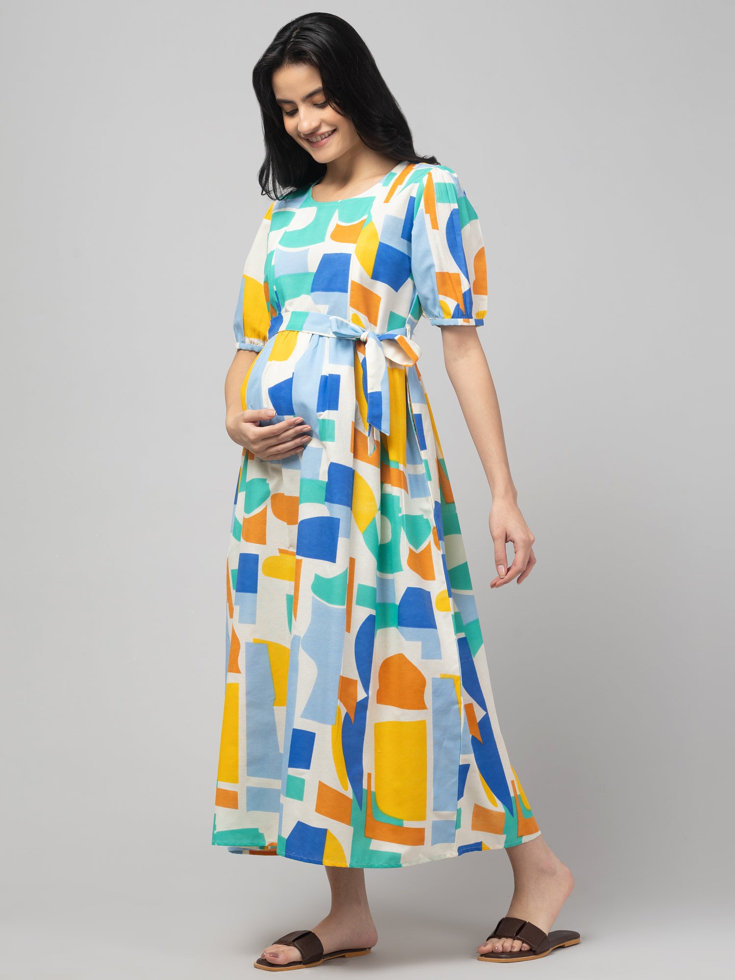 Blue Maternity Feeding Dress For Women