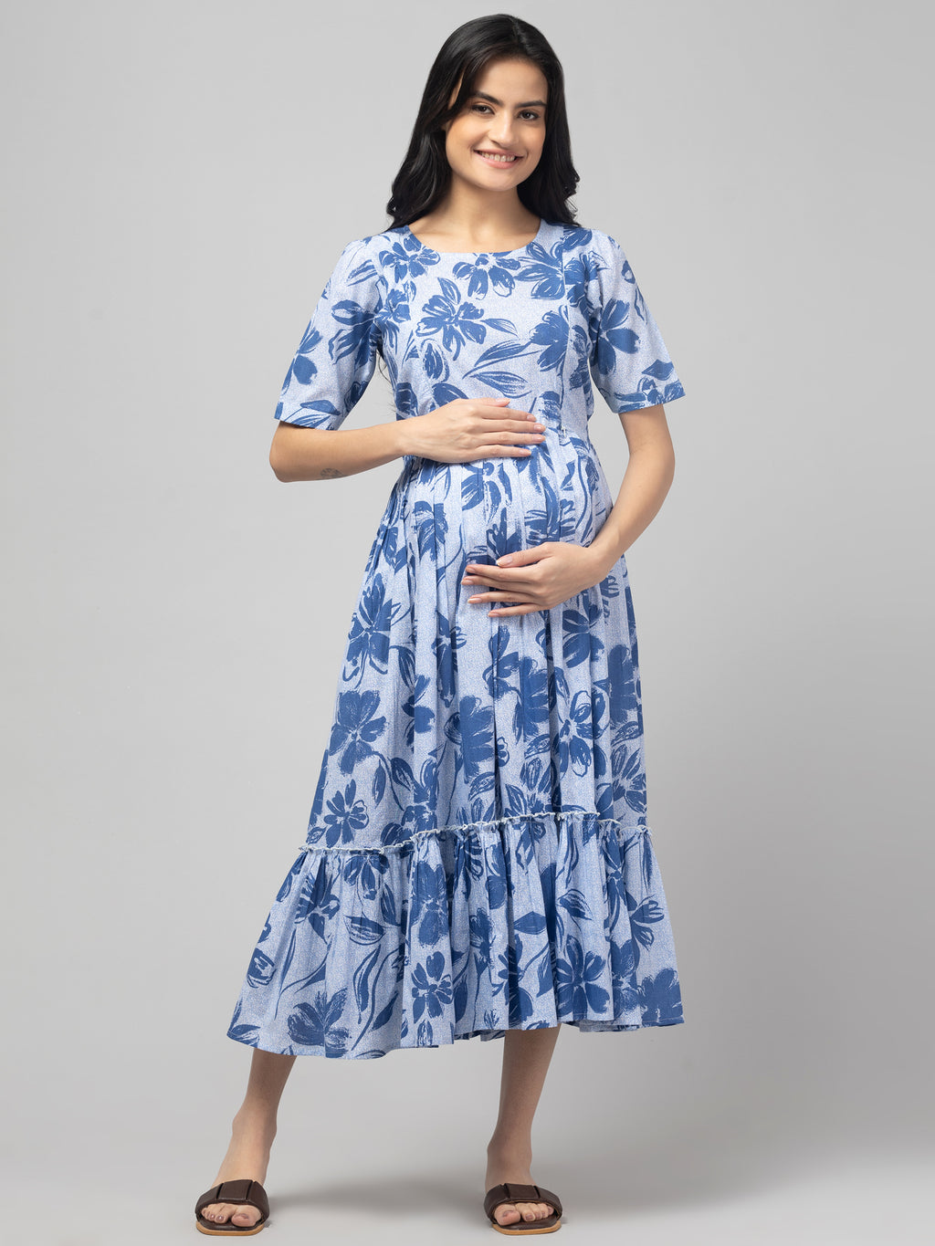 Blue Maternity Feeding Dress For Women