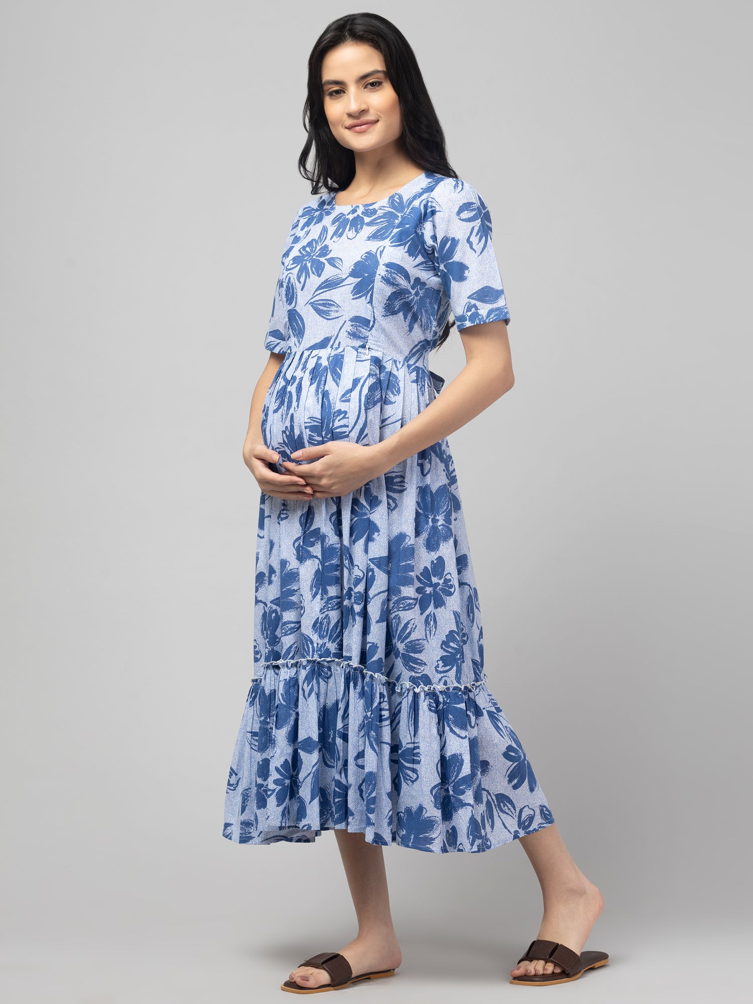 Blue Maternity Feeding Dress For Women