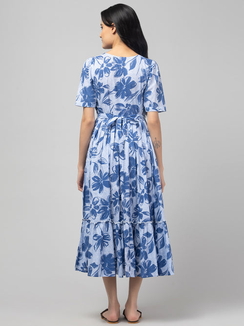 Blue Maternity Feeding Dress For Women