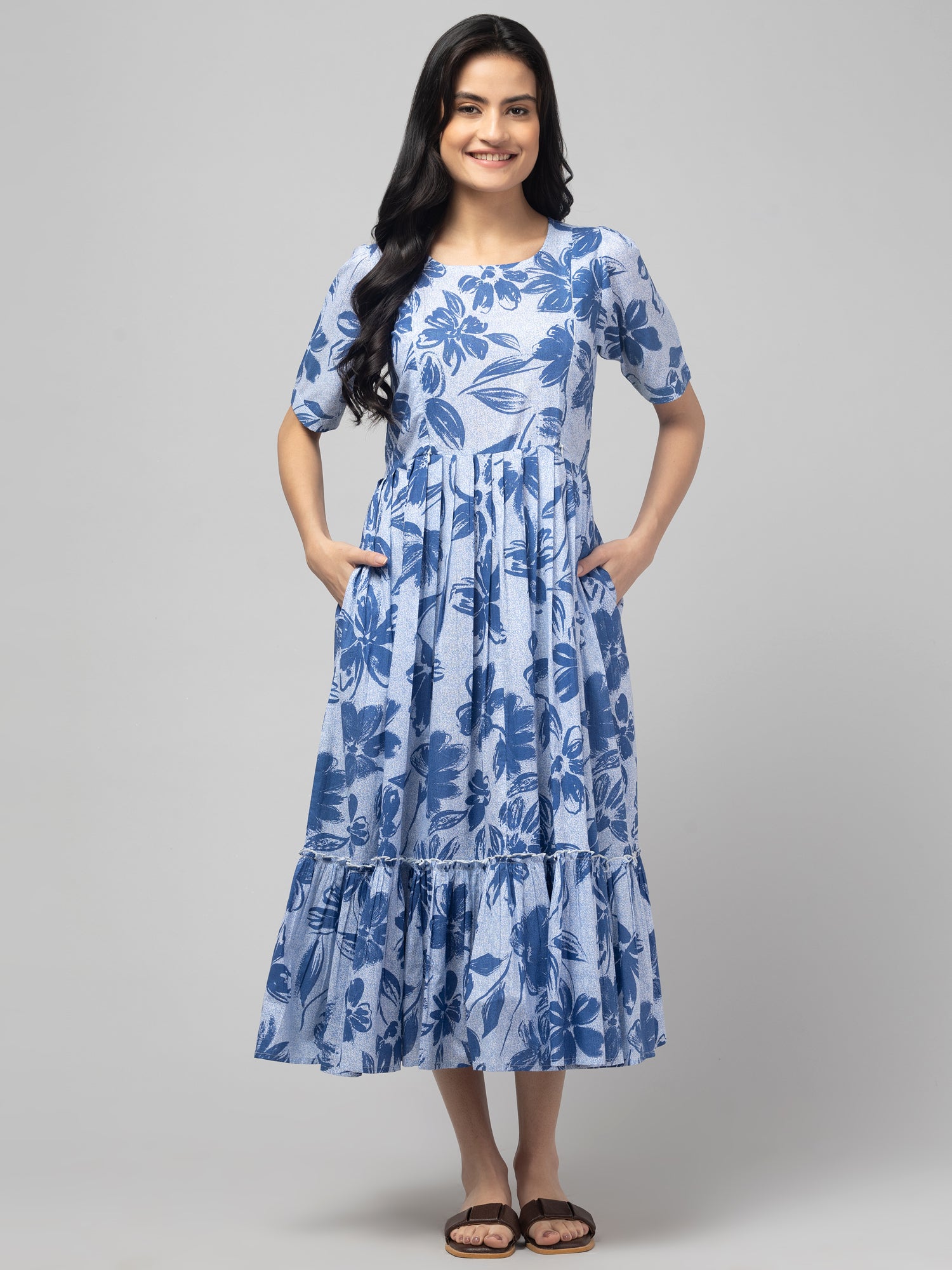 Blue Maternity Feeding Dress For Women
