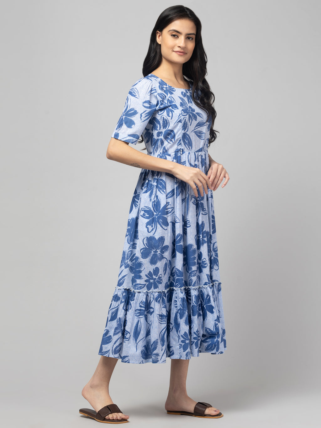 Blue Maternity Feeding Dress For Women
