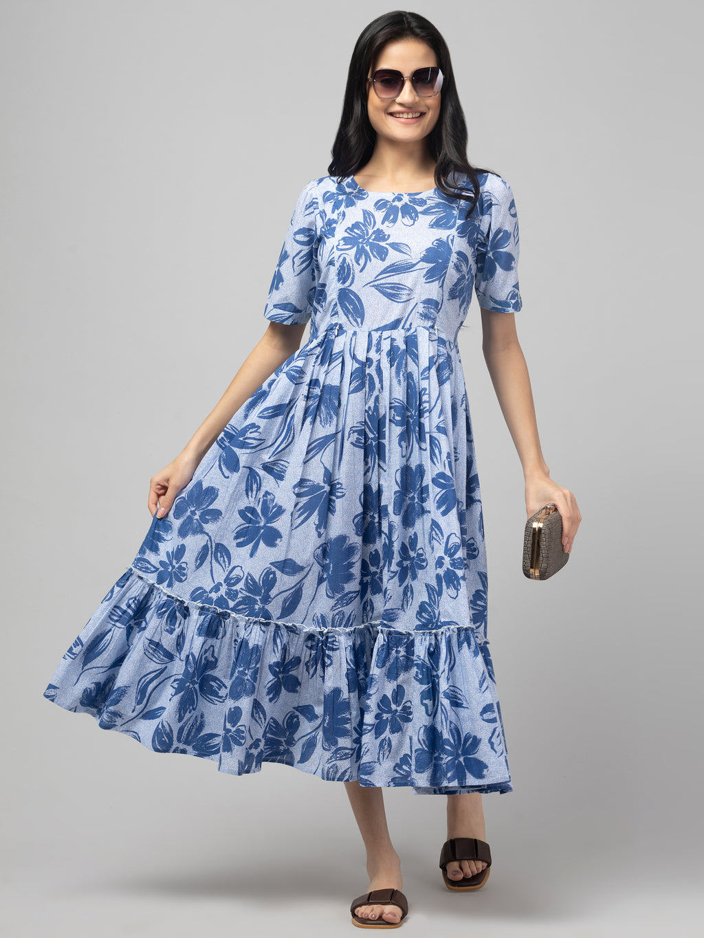 Blue Maternity Feeding Dress For Women
