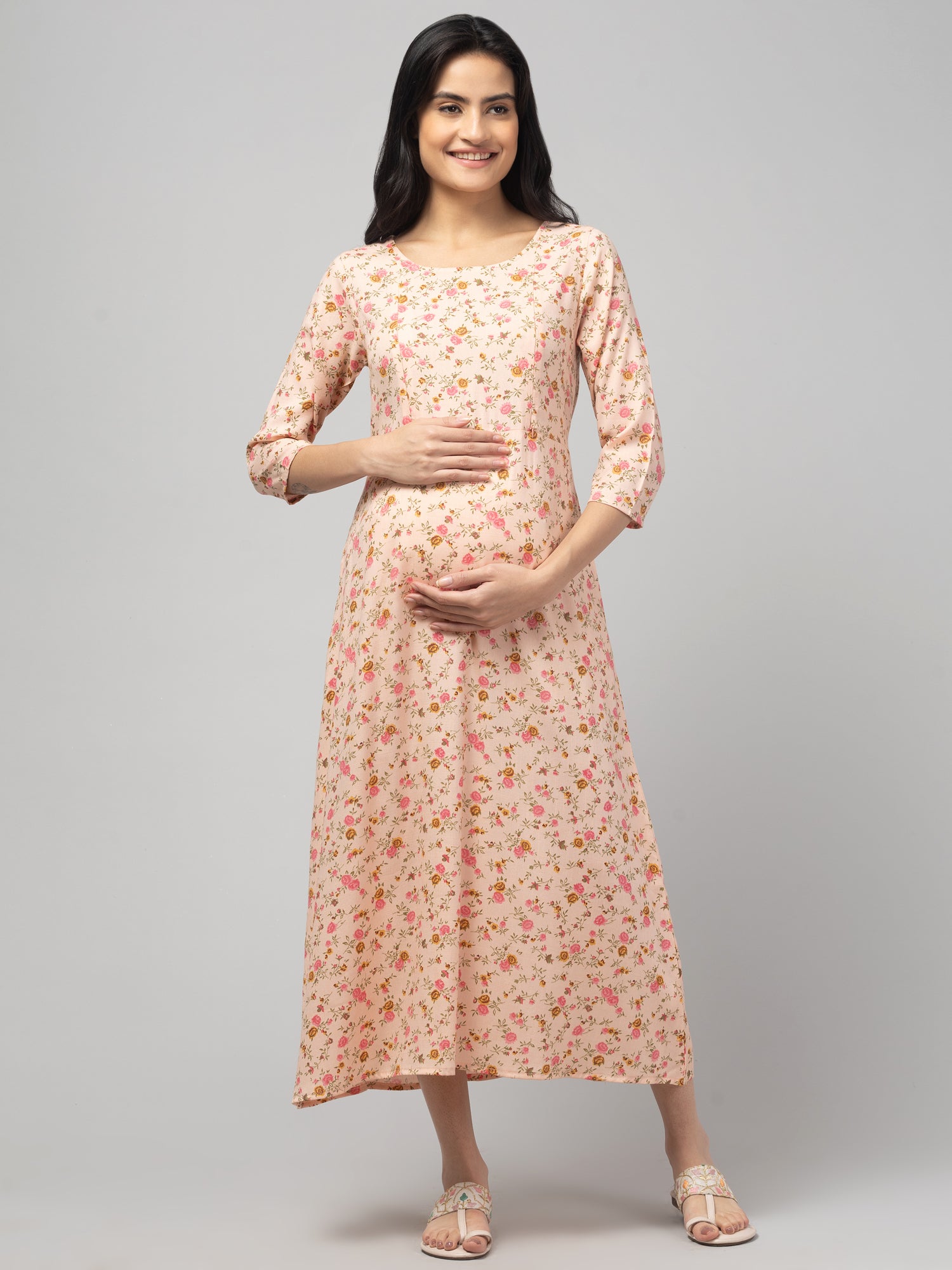 Peach Maternity Feeding Dress For Women