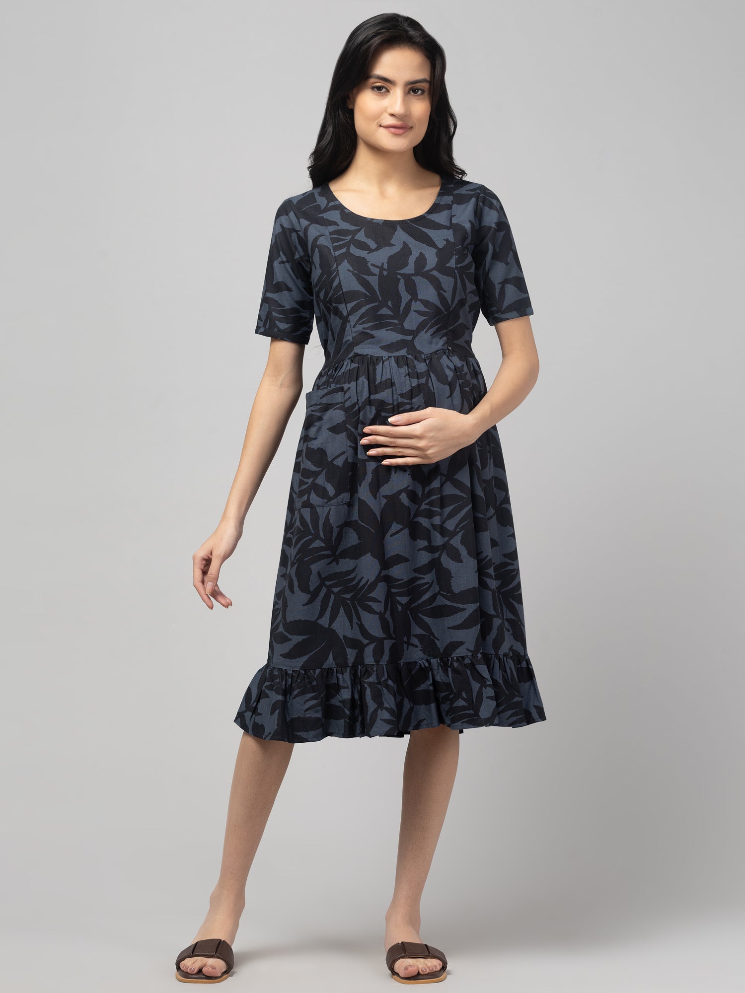 Grey Maternity Feeding Dress For Women