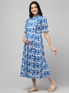 Blue Maternity Feeding Dress For Women