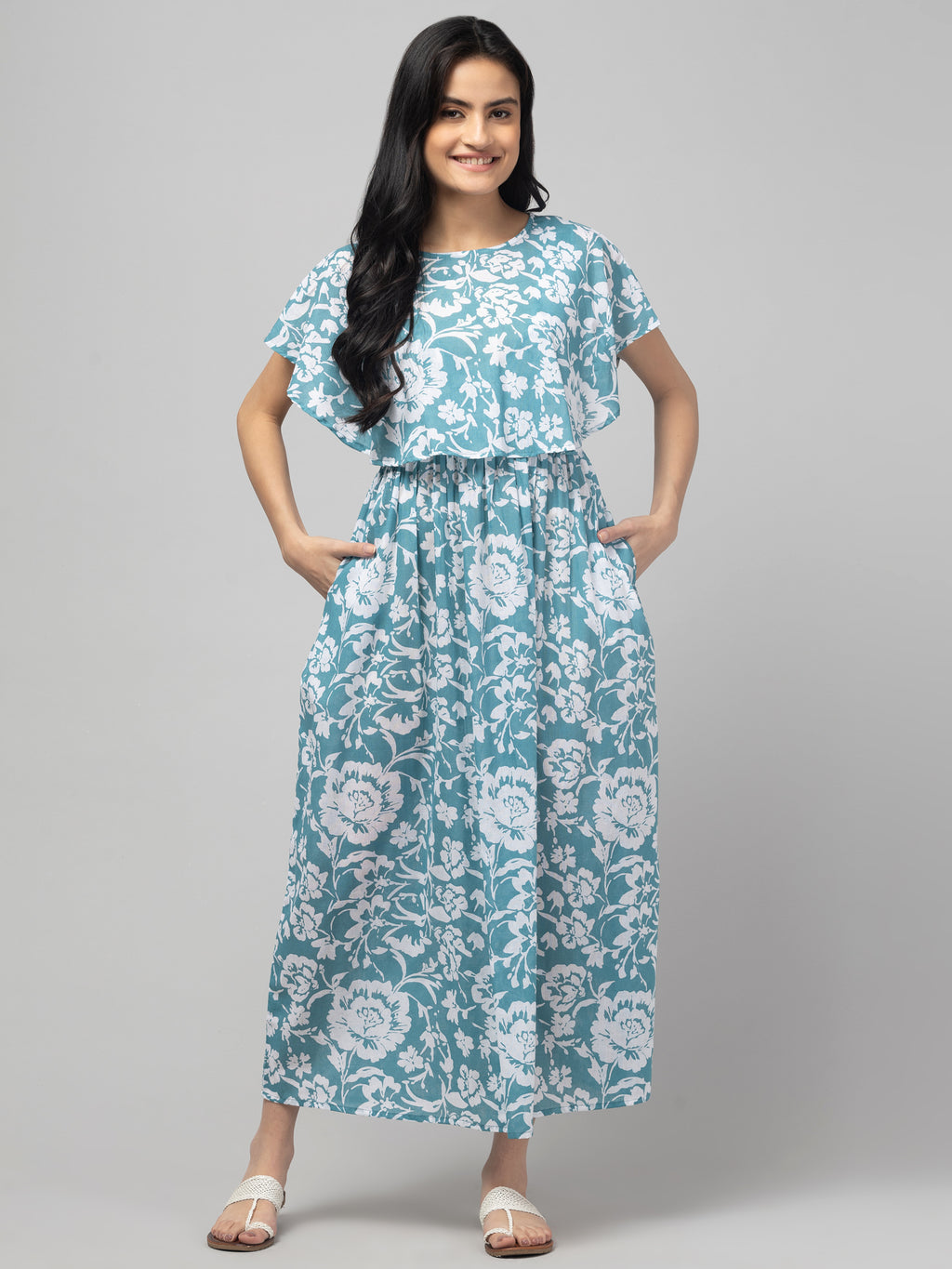 Blue Zipless Maternity Feeding Dress