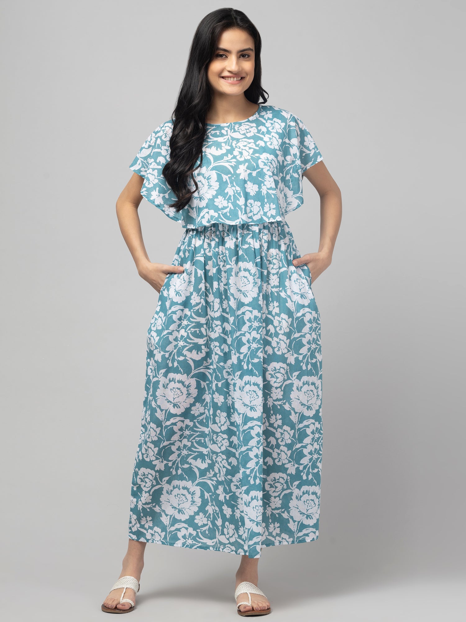 Blue Zipless Maternity Feeding Dress