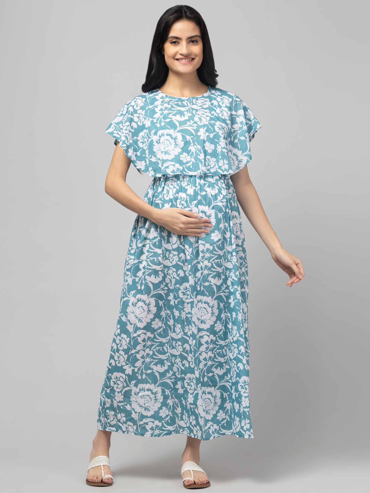 Blue Zipless Maternity Feeding Dress