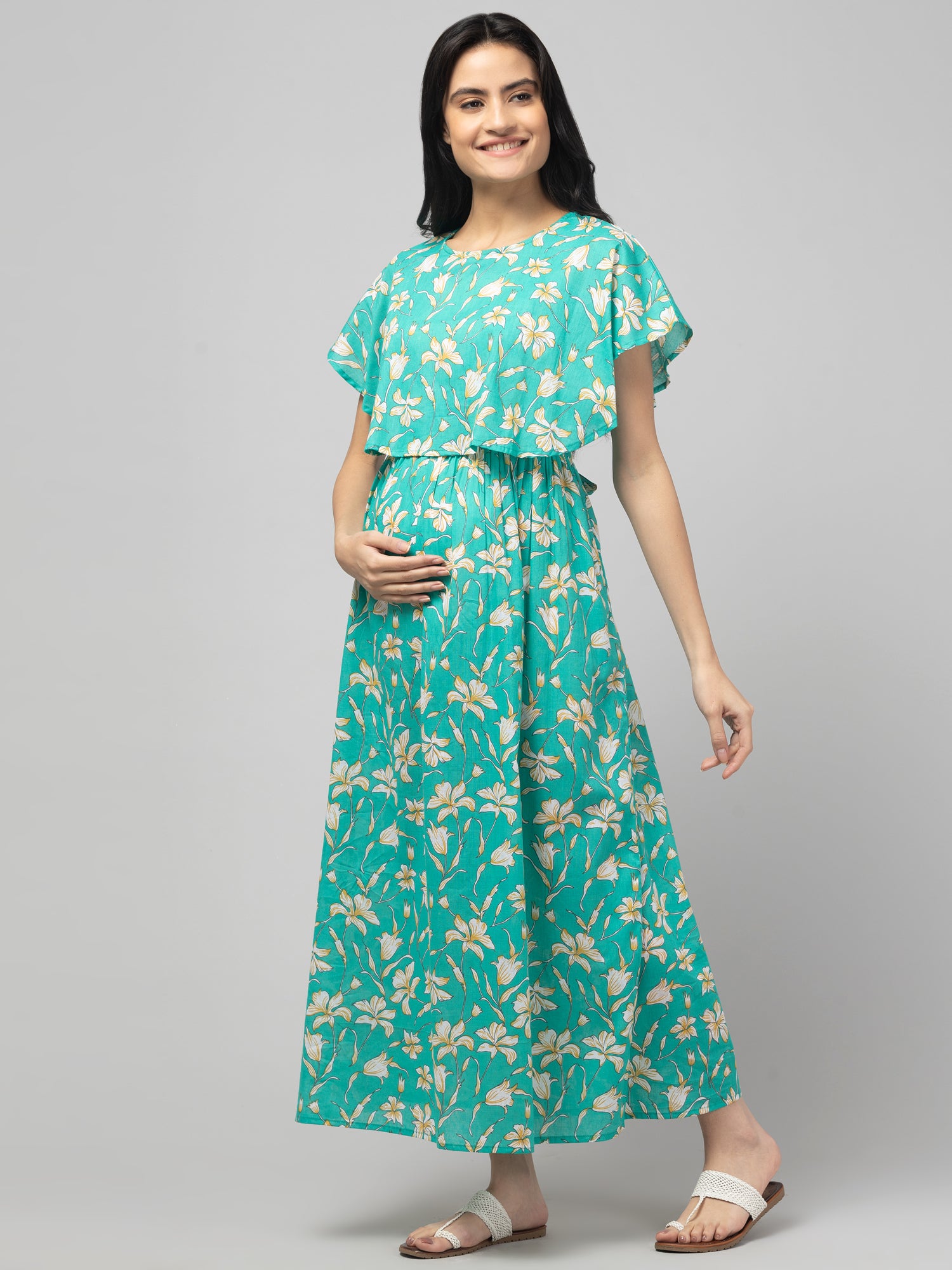 Green Zipless Maternity Feeding Dress