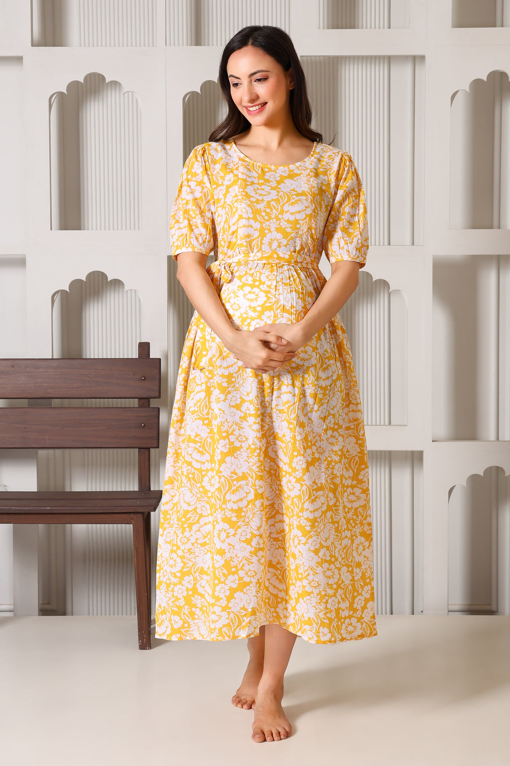Mustard Meadow Bloom Maternity Feeding Dress For Women