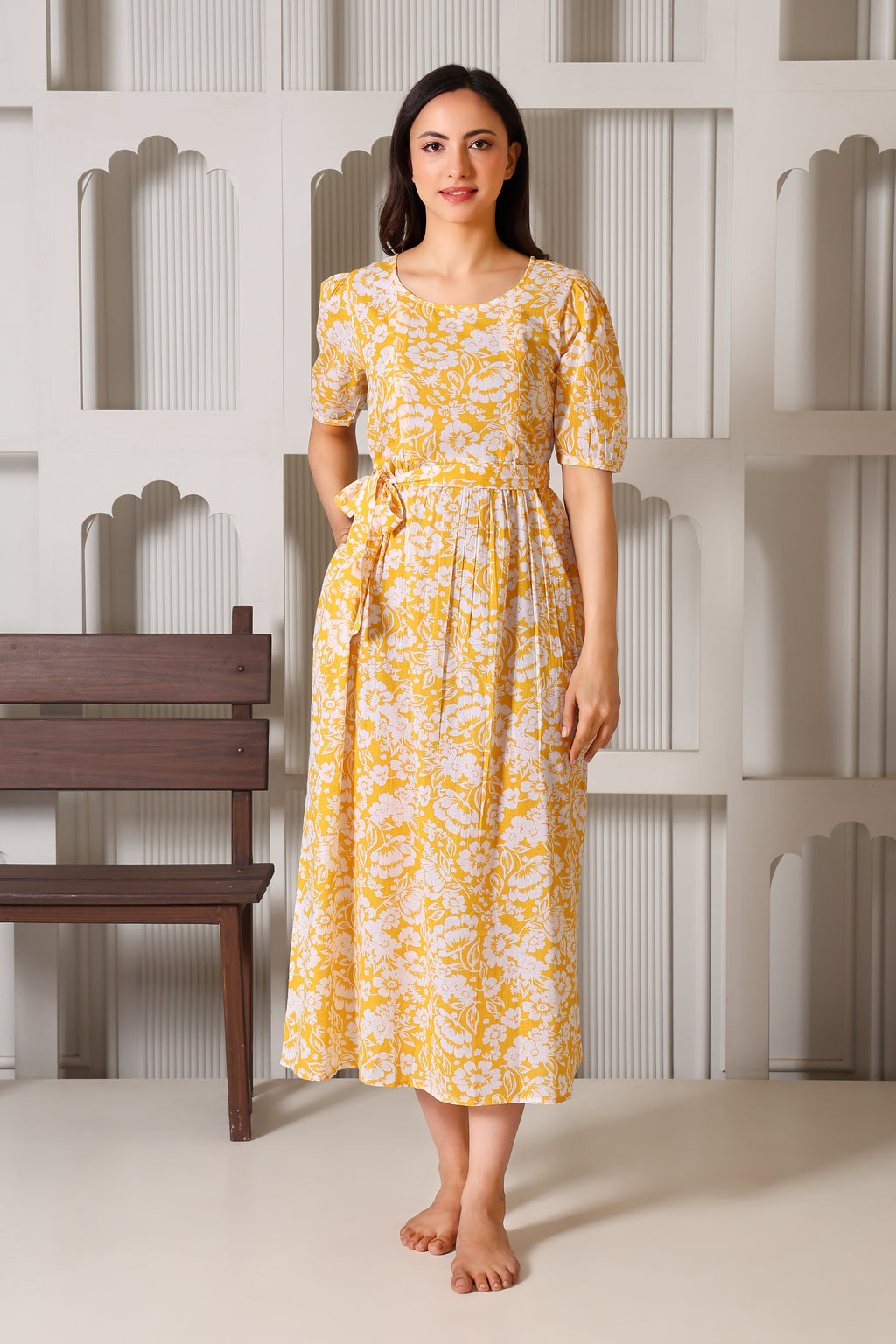 Mustard Meadow Bloom Maternity Feeding Dress For Women