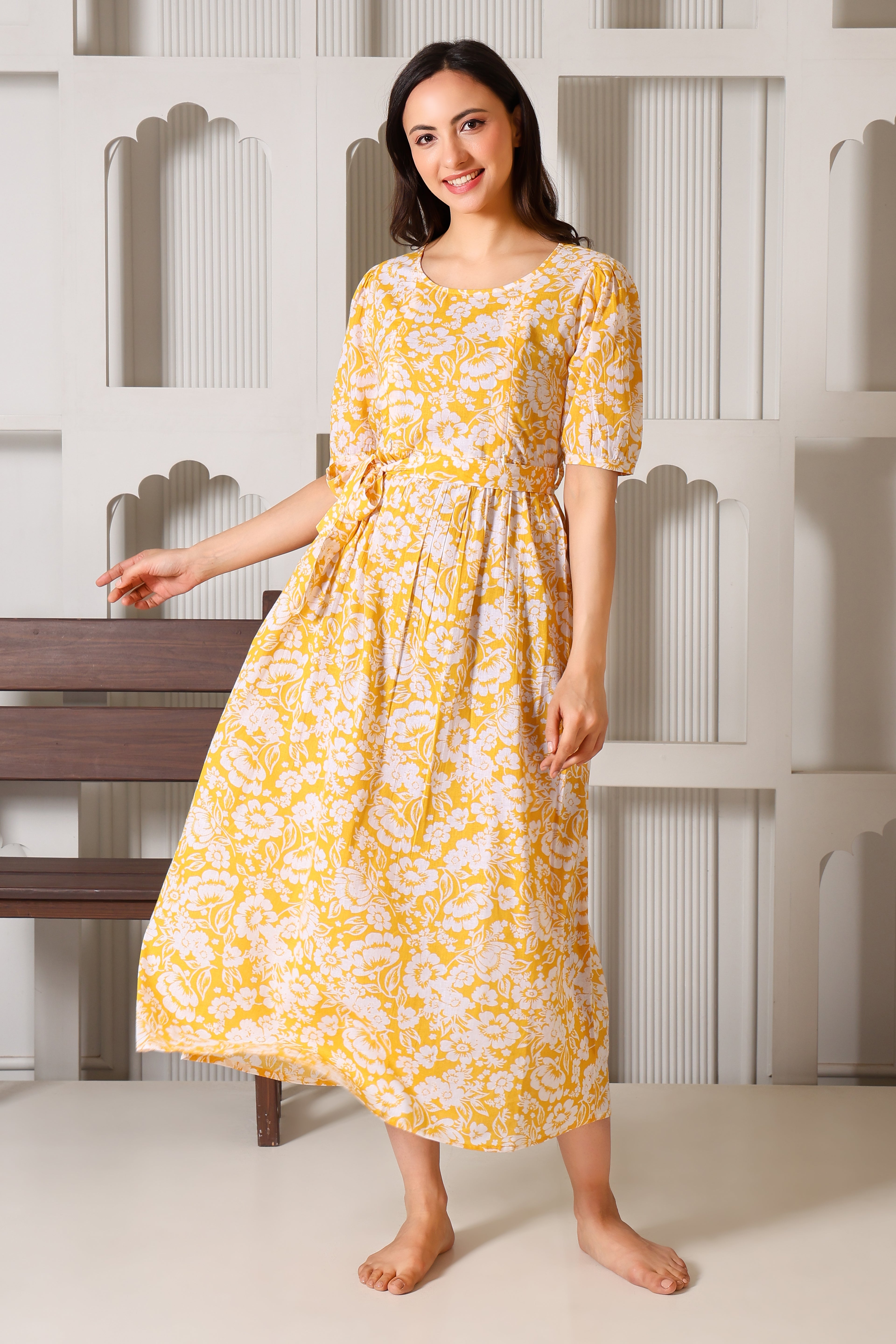 Mustard Meadow Bloom Maternity Feeding Dress For Women
